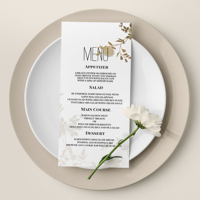Menu de Casamento floral simples com brilho branco (Simple chic white gold glitter floral Wedding Menu)