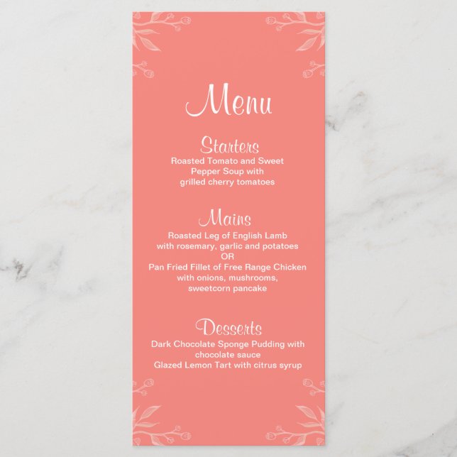 Menu de Casamento Floral Simples Elegante Coral (Frente)