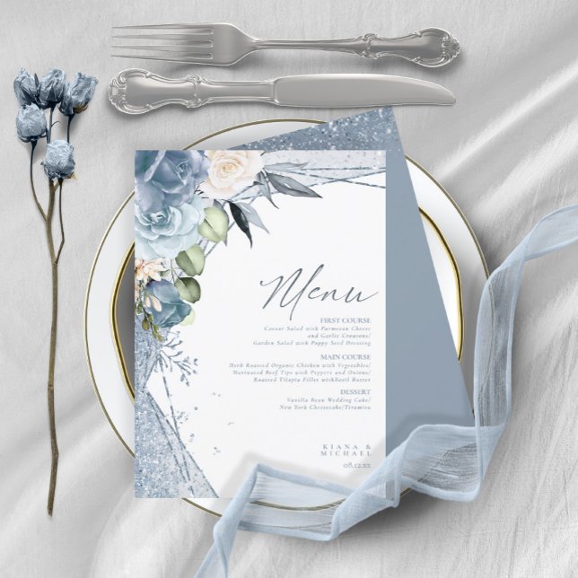 Menu de Casamento Floral Sparkles1 Blue ID889 (Criador carregado)