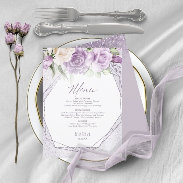 Menu de Casamento Floral Sparkles3 Mauve ID889 (Criador carregado)