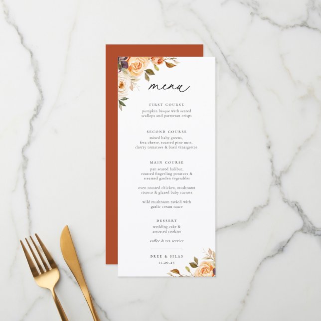 Menu de Casamento Floral Terrestre do Outono (Frente/Verso In Situ)