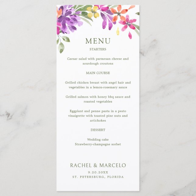 Menu de Casamento Floral Tropical Brilhante (Frente)