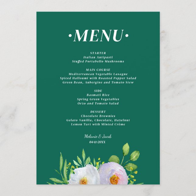 Menu de Casamento Floral Verde Floresta para Impre (Frente)