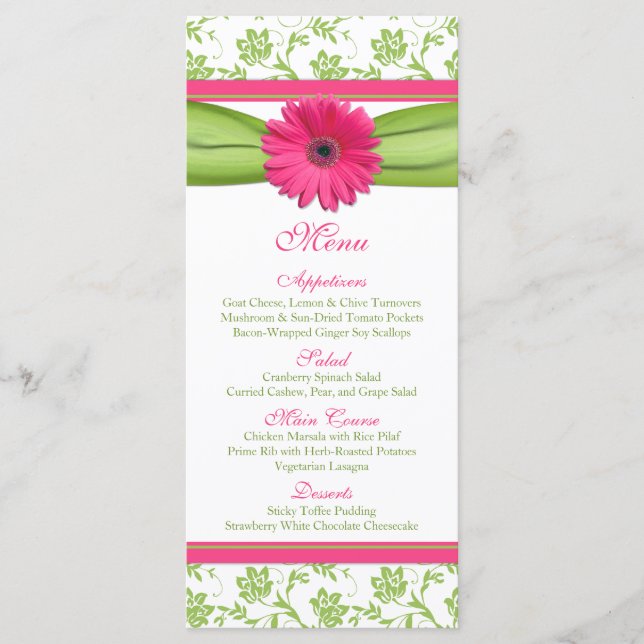 Menu de Casamento Floral Verde, Rosa Gerbera Daisy (Frente)