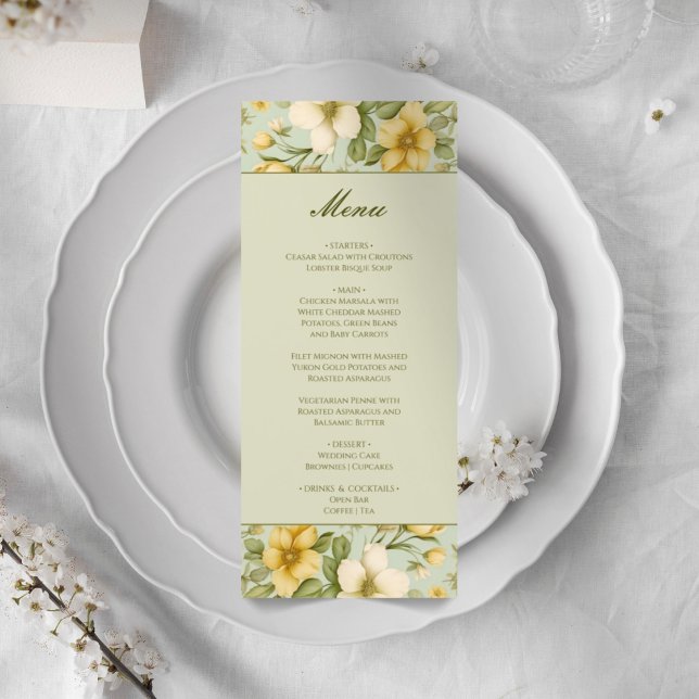 Menu de casamento floral verde suave e bege (Criador carregado)