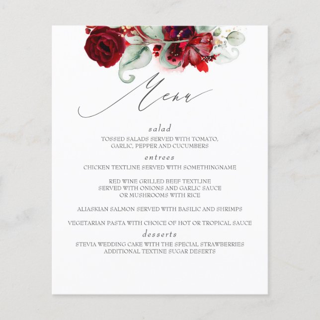 Menu de Casamento Floral Vermelho Burgundy (Frente)
