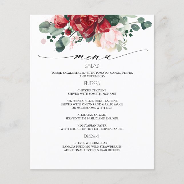 Menu de Casamento Floral Vermelho Burgundy (Frente)