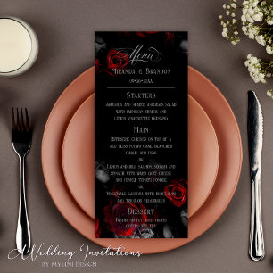 Menu de Casamento Floral Vermelho e Preto Elegante
