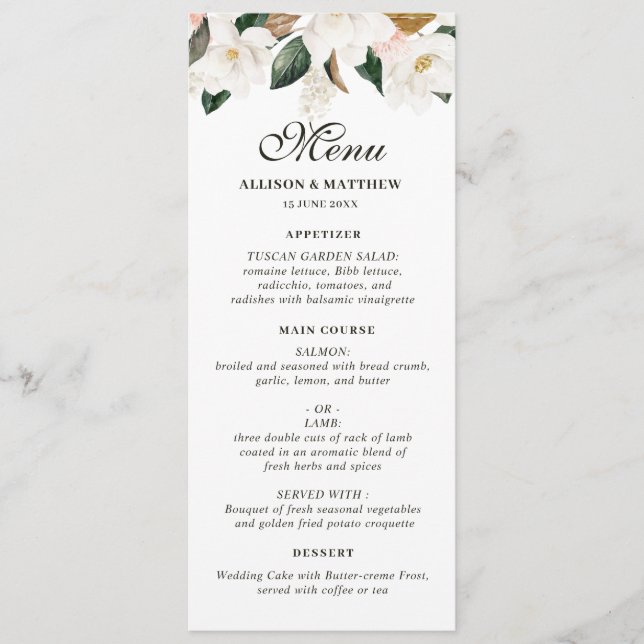 Menu de casamento floral Watercolor magnolia (Frente)
