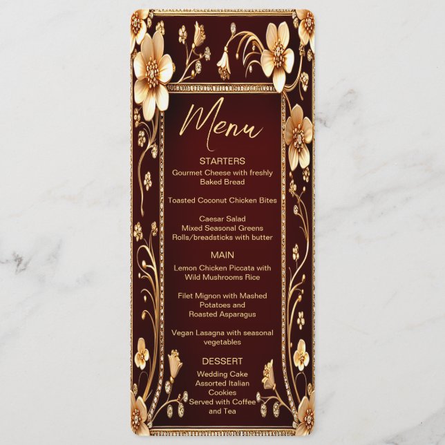 Menu de Casamento Flores de Ouro Borgonha (Frente)