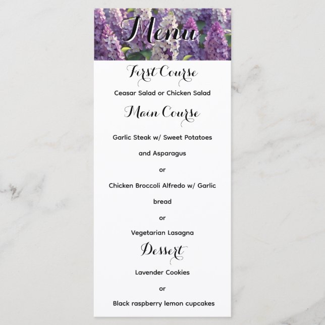 Menu de Casamento FLower da Lavanda Personalizada (Frente)
