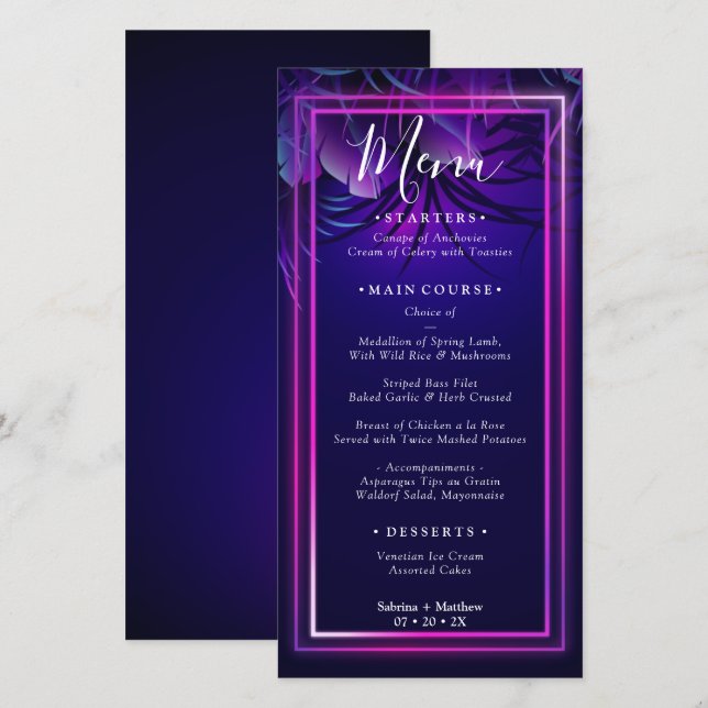 Menu de casamento | Folhagem Tropical Neon (Frente/Verso)