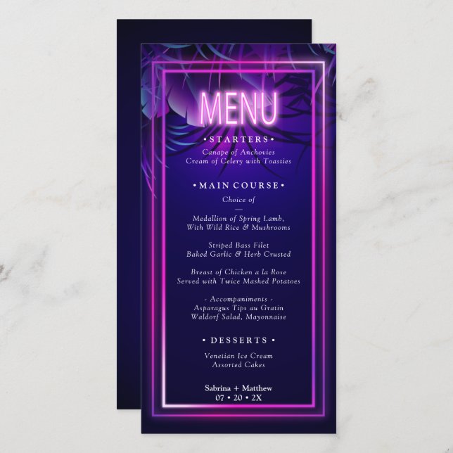 Menu de casamento | Folhagem Tropical Neon (Frente/Verso)