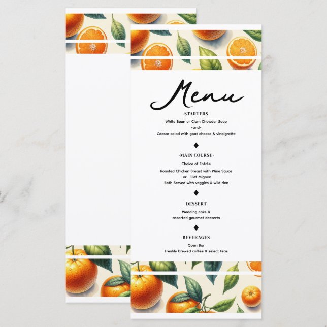 Menu de Casamento Folhas de Laranja com Aquarela d (Frente/Verso)