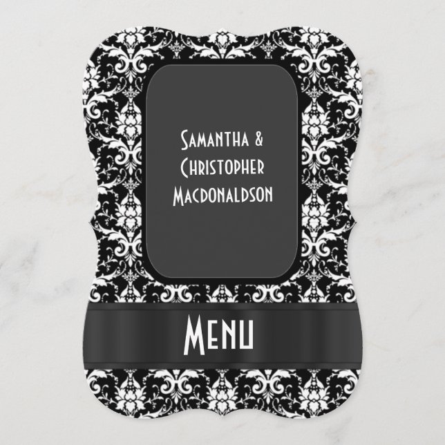 Menu de casamento formal de Black and White Damask (Frente)