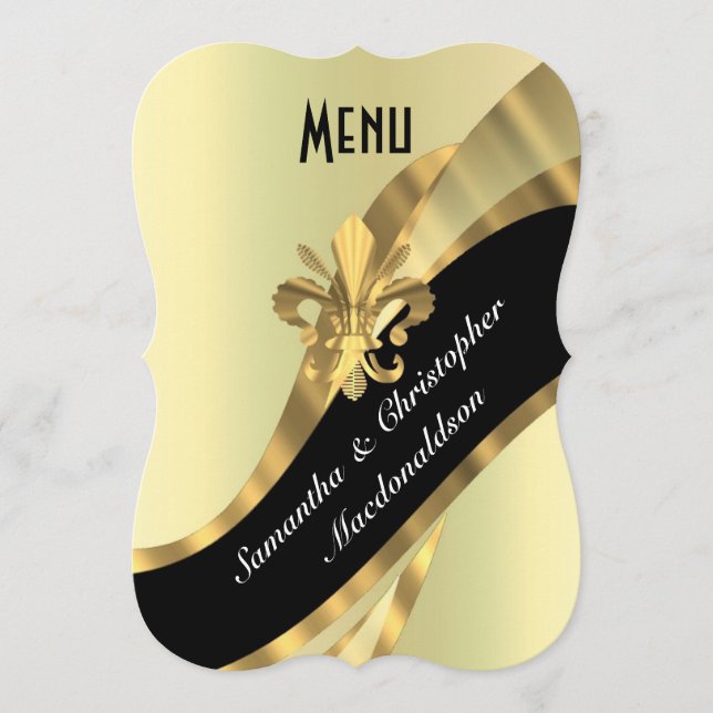 Menu de casamento formal elegante de ouro chic (Frente)