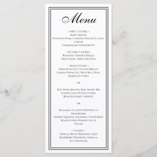 Menu de Casamento Formal Preto e Branco Elegante (Frente)