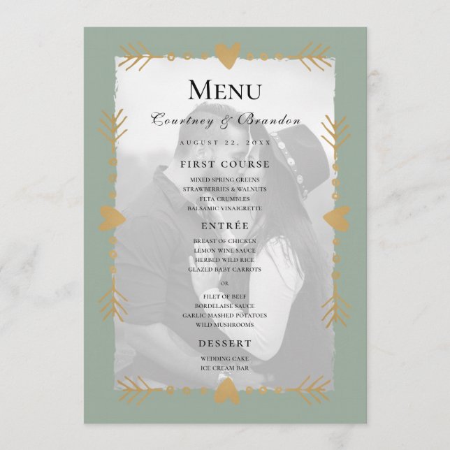 Menu de Casamento Foto Moderna Dourada Corações Ve (Frente)