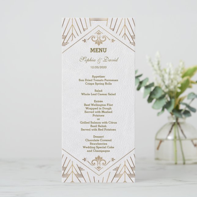 Menu de Casamento Gatsby do Excelente Dourado Real (Em pé/Frente)