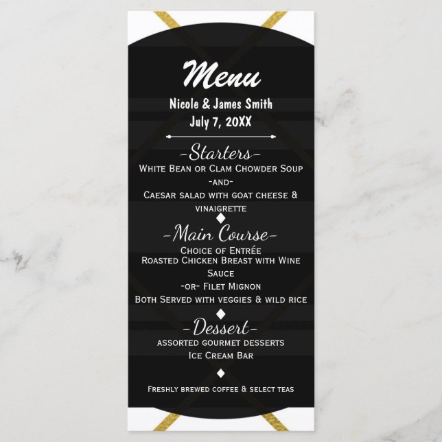 Menu de Casamento Geométrico do Glam Chic Preto e  (Frente)