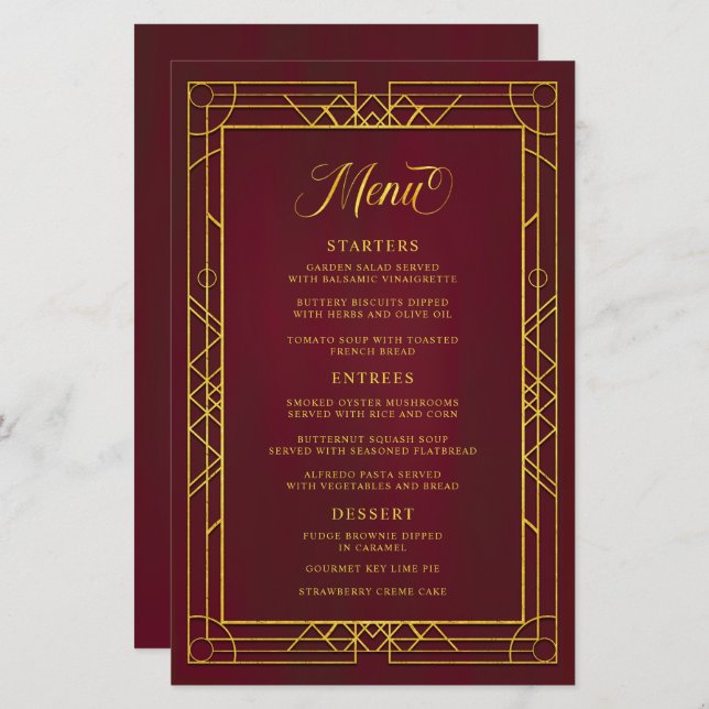 Menu de Casamento Geométrico Dourado da Borgonha (Frente/Verso)