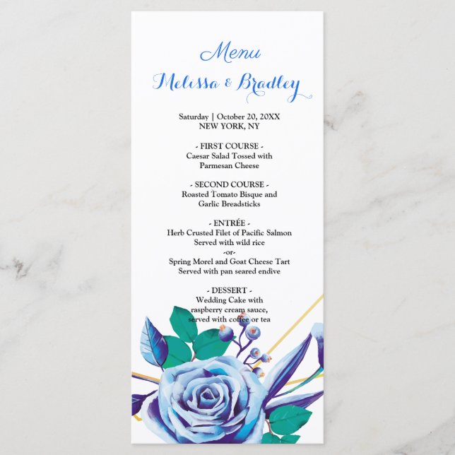 Menu de Casamento Geométrico Dourado Flora Azul (Frente)