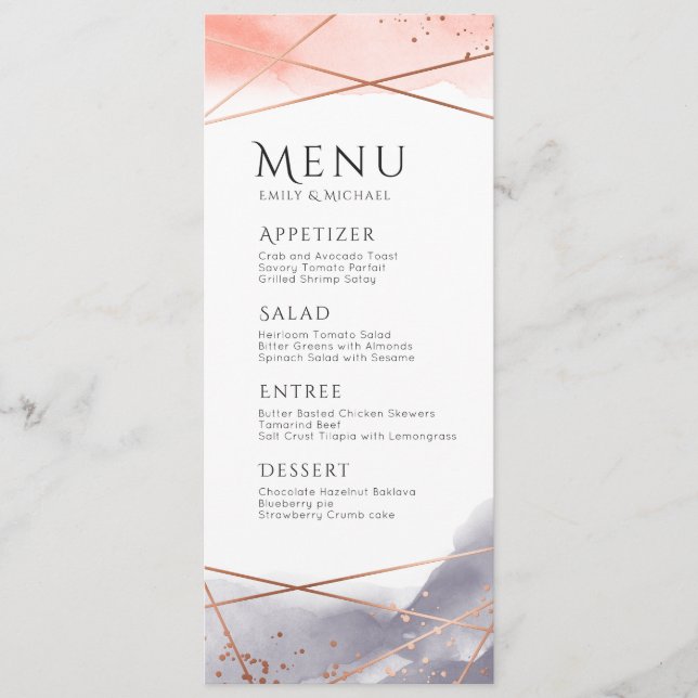 Menu de casamento geométrico em aquarela Rose Gold (Frente)