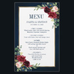 Menu de Casamento Geométrico Floral do Blush Marin<br><div class="desc">O cartão de menu floral de cor d'água geométrica elegante e moderno romântico apresenta um belo burgundy / marsala, cor-de-rosa-pincel, pêssego, rosas de cor d'água azul-marinho com folhagem correspondente no fundo azul-marinho da madeira rústica e estrutura dourada. Perfeito para um casamento no outono/no meio do verão. Por favor, encontre mais...</div>