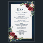 Menu de Casamento Geométrico Floral do Blush Marin<br><div class="desc">O cartão de menu floral de cor d'água geométrica elegante e moderno romântico apresenta um belo burgundy / marsala, cor-de-rosa-pincel, pêssego, rosas de cor d'água azul-marinho com folhagem correspondente no fundo azul-marinho da madeira rústica e estrutura dourada. Perfeito para um casamento no outono/no meio do verão. Por favor, encontre mais...</div>
