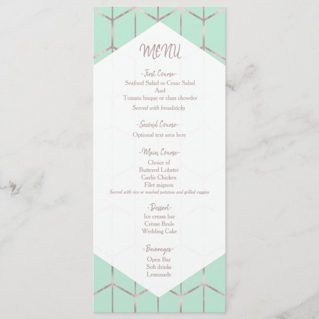 Menu de Casamento Geométrico rosa Dourado Mint Gre (Frente)
