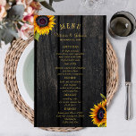 Menu de casamento gico de girassóis russos do orça<br><div class="desc">Texto editável Carteira de modelo do menu recepção de casamento do ORÇAMENTO para barato do com pétalas de girassol rústicas sobre um fundo de madeira marrom-escura. Ideal para o seu verão ou outono cair num elegante jardim do quintal ao ar livre ou casamento de fazendas. , LEIA ISTO ANTES DE...</div>