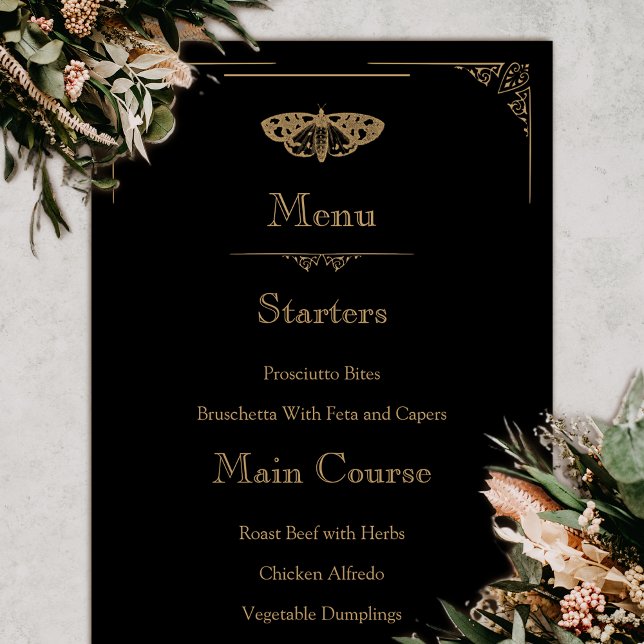 Menu de Casamento Gótico Elegante da Mama Vitorian (Gothic Moth Tattoo Wedding Menu Vintage)