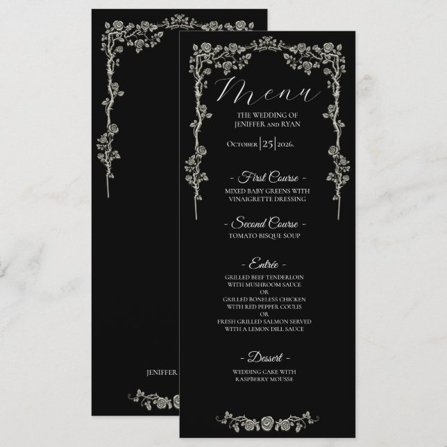 Menu de casamento gótico floral elegante (Frente/Verso)