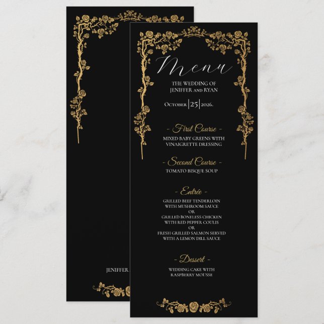 Menu de casamento gótico floral elegante (Frente/Verso)