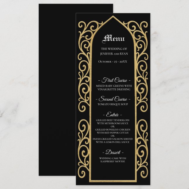 Menu de Casamento Gótico preto e dourado com borda (Frente/Verso)