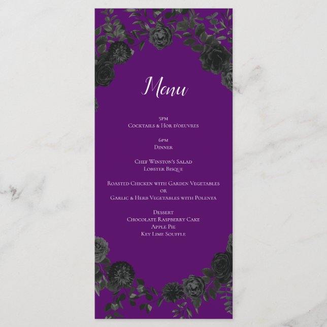 Menu de Casamento Gótico Rosa Roxo e Preto (Frente)