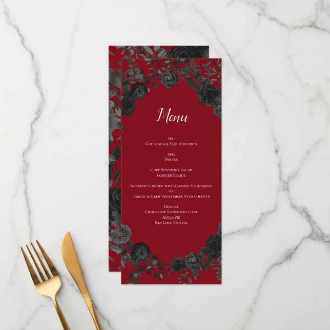 Menu de Casamento Gótico Rosa Vermelho e Negro (Frente/Verso In Situ)
