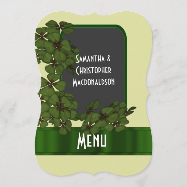 Menu de casamento irlandês verde, creme e shamrock (Frente)