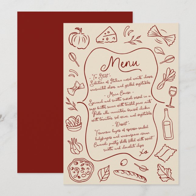Menu de Casamento Italiano Desenhado à Mão (Frente/Verso)
