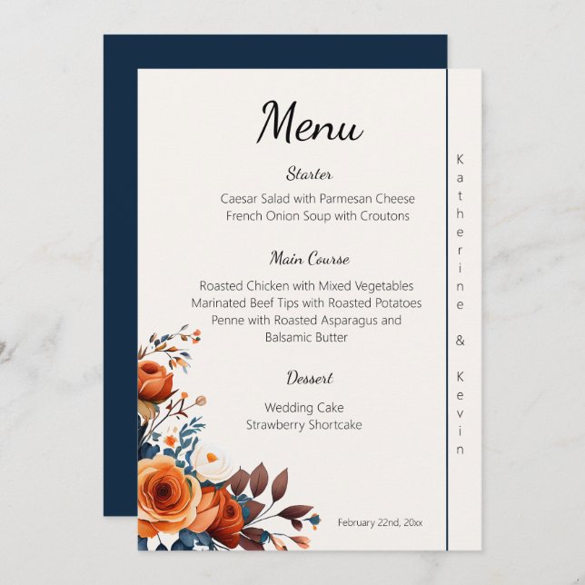 Menu de Casamento Laranja Azul e Queimado do Marin (Frente/Verso)