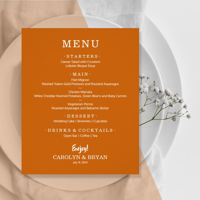 Menu de Casamento Laranja Burnt Simples Elegante d (Criador carregado)