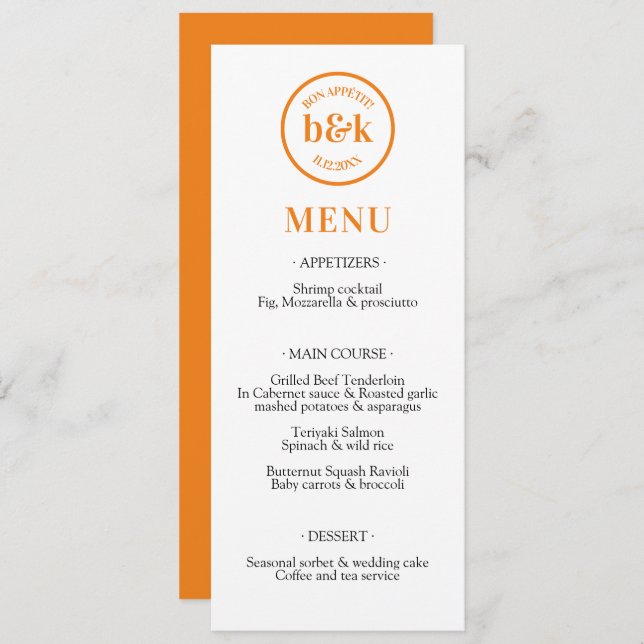MENU de Casamento Laranja Minimalista Moderno (Frente/Verso)