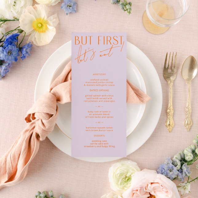 Menu de Casamento Laranja Roxo e Vibrante Moderno (Criador carregado)