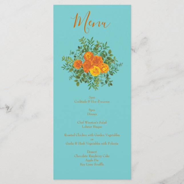 Menu de Casamento Laranja & Teal Aqua Peony & Rosa (Frente)