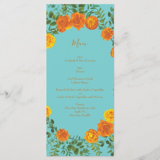 Menu de Casamento Laranja & Teal Aqua Peony & Rosa (Frente)