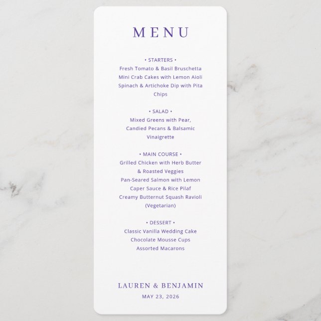Menu de Casamento Lavanda Elegante (Frente)