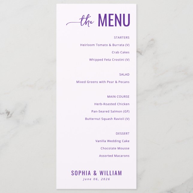 Menu de Casamento Lavanda Elegante (Frente)
