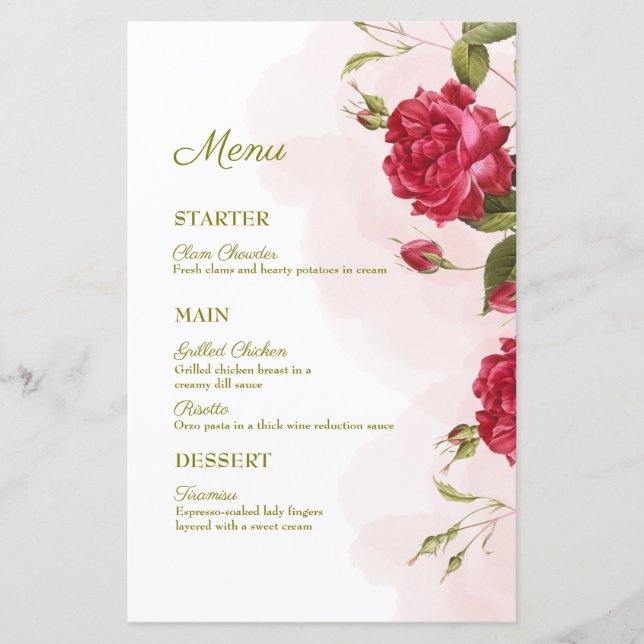 Menu de Casamento Legant Rosa-Themed (Frente)