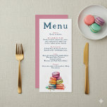 Menu de Casamento Macaron Francês Moderno<br><div class="desc">Este elegante cardápio de casamento apresenta uma ilustração lúdica de aquarela colorida de macarões franceses coloridos, acrescentando um toque de charme parisiense e capricho. A frente branca limpa exibe cada curso em uma fonte serif moderna, com títulos cor-de-rosa pincelados e suaves para um sotaque romântico. O reverso é um rosa...</div>