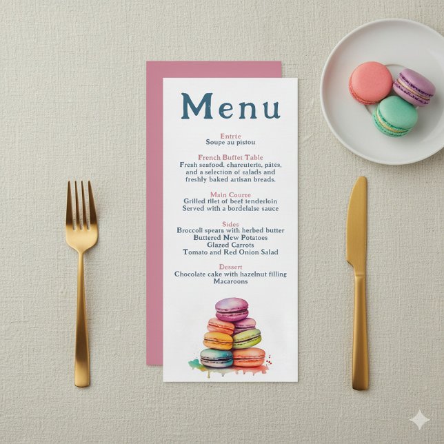 Menu de Casamento Macaron Francês Moderno (Bright watercolor macarons wedding menu.)